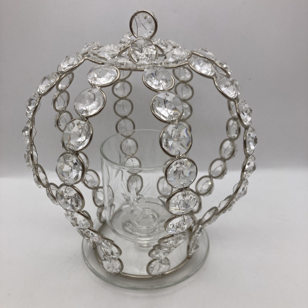 Crown Shaped Candle Holder Silver Toned Metal With Crystal Beads Etched Glass - Picture 4 of 6